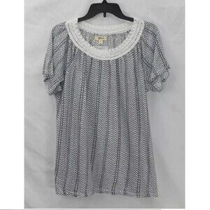 Style & Co Women XS Blue White Lines Crochet Scoop Neckline T Shirt Top NWT CN58
